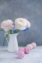 Pink Ranunculus and blue muscari and zephyr on grey background. Spring postcard concept.