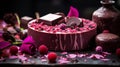 pink raspberry chocolate cake with rose and berries Royalty Free Stock Photo