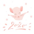 Pink rat and lettering 2020, isolated colorful illustration