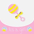 Pink rattle. Baby girl shower card