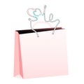 Pink realistic bulk paper shopping bag with rope handles in the form of an inscription sale on a white background and copy space.