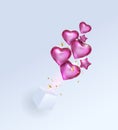 Pink realistic glossy foil balloons in the shape of a heart fly out of the box. Holiday background, Sale and holiday decoration. Royalty Free Stock Photo