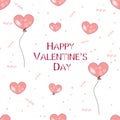 Pink realistic hearts and heart balloon. Happy Valentine`s day greeting card