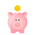 Pink realistic pig piggy bank with falling golden dollar top. financial icon. Royalty Free Stock Photo