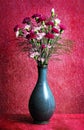 Pink and red carnations in blue vase on pink background, flower background for spring or easter Royalty Free Stock Photo