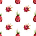 Pink red dragon fruits simple seamless pattern with watercolor pitaya drawings. Minimalist botanical illustration