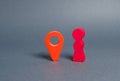 A pink red figure of a woman standing near a red location indicator. woman went on a Blind date. Meeting place. Venue. Online