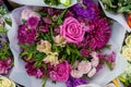 red and orange chrysanthemums, lisianthus and gerbera with green eucalyptus in a bouquet in red tones Royalty Free Stock Photo