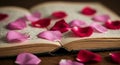 Pink and Red Rose Petals on Open Vintage Book Royalty Free Stock Photo