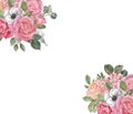 Pink and red roses floral frame for cards. Watercolor hand painted blush pink flowers on white background. Spring illustration. Royalty Free Stock Photo