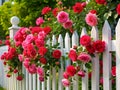 Pink and red roses in front of a white picket fence Royalty Free Stock Photo