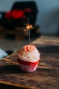 Pink birthday cupcake with sparkle candle Royalty Free Stock Photo