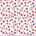 Pink and red watercolor botany flowers seamless pattern on a white background