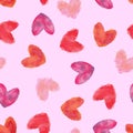 Pink and Red Watercolor  Hearts Seamless Pattern on Pink Background. Royalty Free Stock Photo