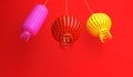 Pink, red, yellow chinese lantern lampion on red background. Design creative concept of chinese festival celebration gong xi fa ca