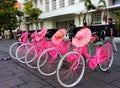 The pink rent bikes in the area of Jakarta Old Town, Kota Tua, Batavia, Indonesia Royalty Free Stock Photo