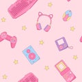 Pink Rerto Gamer Girl seamless pattern