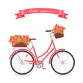 Pink retro bicycle with bouquet in floral basket and box on trunk for wedding, congatulation banner, invite, card
