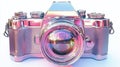 Pink retro camera, lens reflecting sunset, studio shot, photography Royalty Free Stock Photo