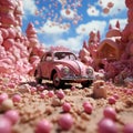 A pink retro car drives