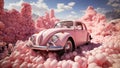 A pink retro car drives