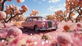 A pink retro car drives