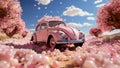 A pink retro car drives