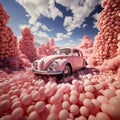 A pink retro car drives