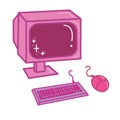 Pink retro monitor, computer mouse and keyboard. Computer icon. Royalty Free Stock Photo