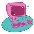 Pink retro monitor, computer mouse and keyboard. Computer icon. Royalty Free Stock Photo