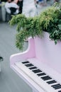 Pink retro piano decorated with green flora outdoors