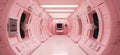 Pink retro sci-fi spaceship hallway design. AI-generated.