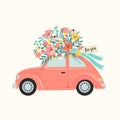 Pink retro toy car delivering bouquet of flowers box on pink background. February 14 card, Valentines day. Flower Royalty Free Stock Photo