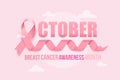 Pink ribbon for Breast Cancer Awareness Month October. Curly pink ribbon on pink 0background with clouds.