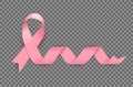 Pink ribbon for Breast Cancer Awareness Month October. Curly pink ribbon on transparent background.