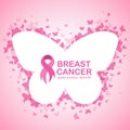 Pink ribbon and Breast cancer awareness text in Butterfly banner and abstract butterfly frame and pink background vector illustrat Royalty Free Stock Photo