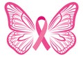 Pink ribbon with butterfly wings. Breast Cancer Awareness Ribbon. Vector illustration for breast health.