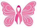 Pink ribbon with butterfly wings. Breast Cancer Awareness Ribbon. Vector illustration for breast health. Royalty Free Stock Photo