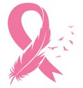 Pink ribbon with feather and birds. Breast Cancer Awareness Ribbon. Vector illustration for breast health.
