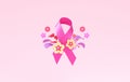 A pink ribbon with flowers and copy space for Breast Cancer Awareness Month and World Cancer Day banner background design in 3D Royalty Free Stock Photo