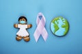 Pink ribbon and gingerbread girl and planet earth on blue background. world day of fight against cancer