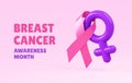 A pink ribbon linked to female symbol for Breast Cancer Awareness Month flyer background design with text, 3D illustration Royalty Free Stock Photo