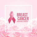 Pink ribbon sign and Breast Cancer Awareness month text in white frame and soft pink rose abstract flower background vector design