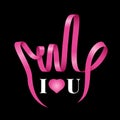 Pink ribbon sign with roll waving to i love you hand shape on black background vector design