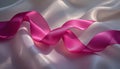 Pink Ribbon on Smooth White Satin Fabric Background Royalty Free Stock Photo