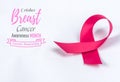 Pink ribbon on white paper background for supporting breast cancer Royalty Free Stock Photo