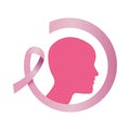 Pink ribbon with woman bald profile breast cancer silhouette