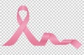 Pink ribbon. Woman breast cancer awareness realistic symbol. Vector silk pink ribbon isolated on transparent background