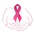 Pink ribbon on women contour hands