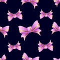 Pink ribbons on a black background. Seamless pattern for printing on textiles, packaging